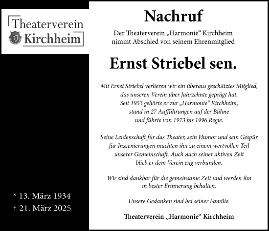 Traueranzeige von Ernst Striebel von Mindelheimer Zeitung