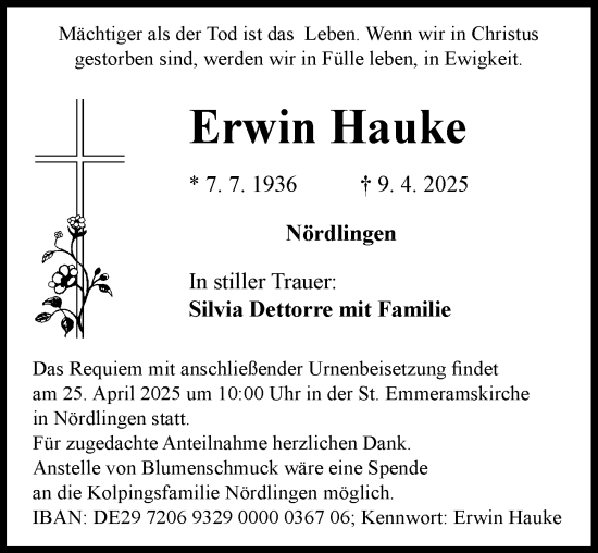 Traueranzeige von Erwin Hauke von Rieser Nachrichten