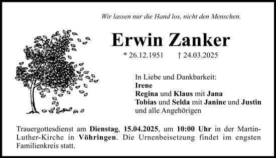Traueranzeige von Erwin Zanker von Illertisser Zeitung