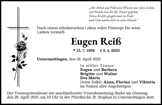 Traueranzeige von Eugen Reiß von Schwabmünchner Allgemeine