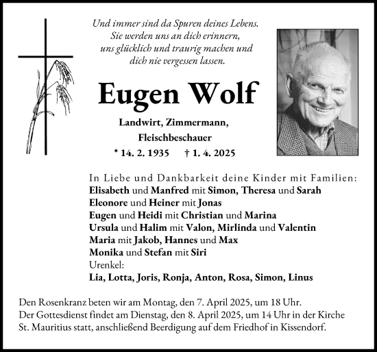 Traueranzeige von Eugen Wolf von Neu-Ulmer Zeitung, Günzburger Zeitung