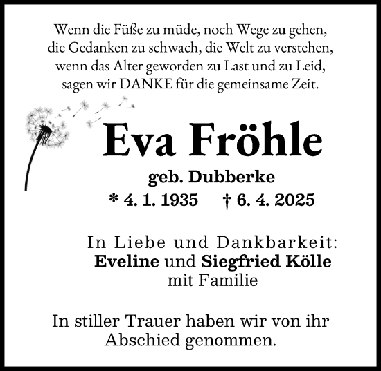 Traueranzeige von Eva Fröhle von Augsburger Allgemeine, Neu-Ulmer Zeitung