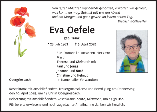 Traueranzeige von Eva Oefele von Aichacher Nachrichten