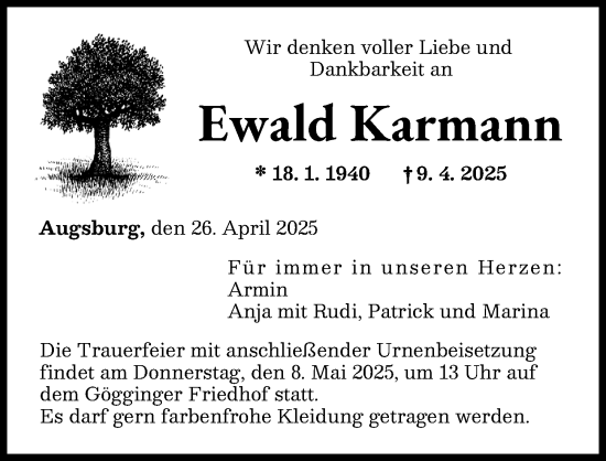 Traueranzeige von Ewald Karmann von Augsburger Allgemeine