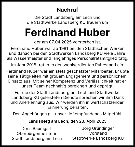 Traueranzeige von Ferdinand Huber von Landsberger Tagblatt
