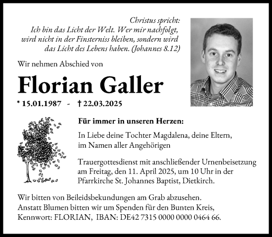 Traueranzeige von Florian Galler von Mittelschwäbische Nachrichten, Augsburg-Land