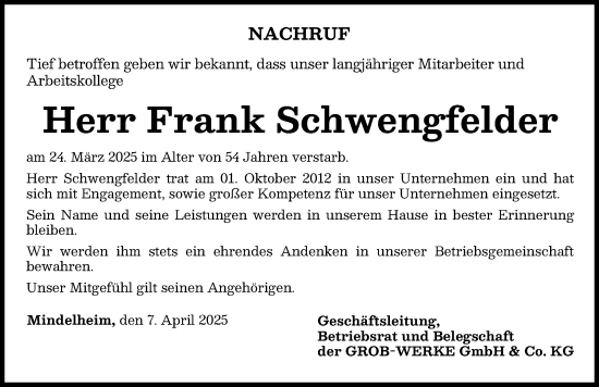 Traueranzeige von Frank Schwengfelder von Mindelheimer Zeitung