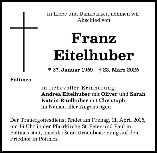 Traueranzeige von Franz Eitelhuber von Aichacher Nachrichten