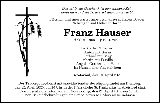 Traueranzeige von Franz Hauser von Augsburger Allgemeine