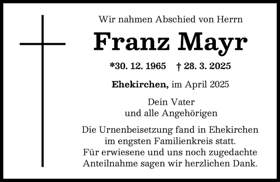 Traueranzeige von Franz Mayr von Neuburger Rundschau