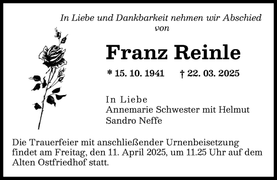 Traueranzeige von Franz Reinle von Augsburger Allgemeine