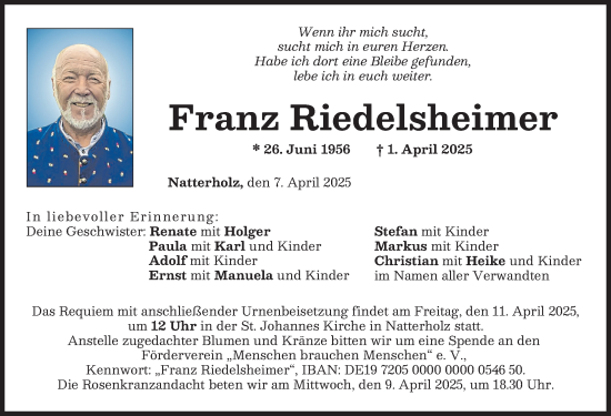 Traueranzeige von Franz Riedelsheimer von Donauwörther Zeitung