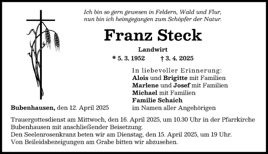 Traueranzeige von Franz Steck von Neu-Ulmer Zeitung