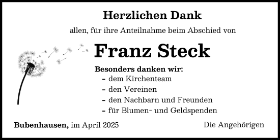Traueranzeige von Franz Steck von Neu-Ulmer Zeitung