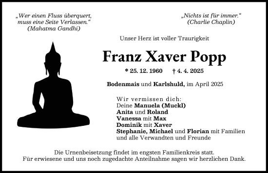Traueranzeige von Franz Xaver Popp von Neuburger Rundschau