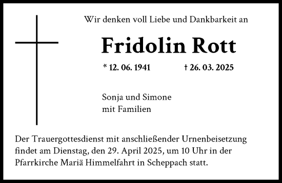 Traueranzeige von Fridolin Rott von Günzburger Zeitung