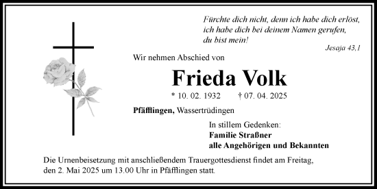 Traueranzeige von Frieda Volk von Rieser Nachrichten