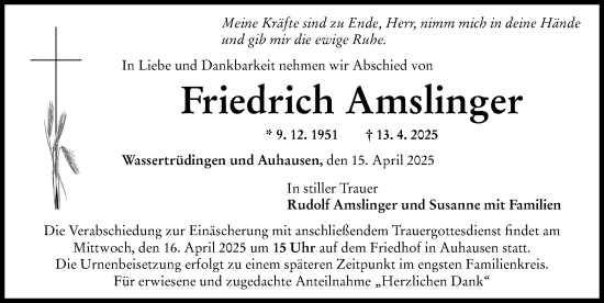 Traueranzeige von Friedrich Amslinger von Rieser Nachrichten