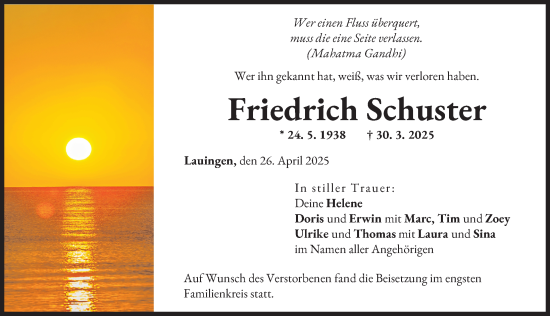 Traueranzeige von Friedrich Schuster von Donau Zeitung