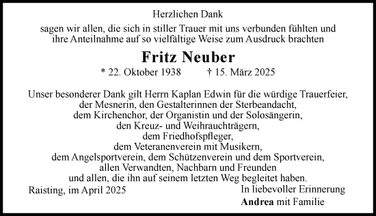 Traueranzeige von Fritz Neuber von Ammersee Kurier