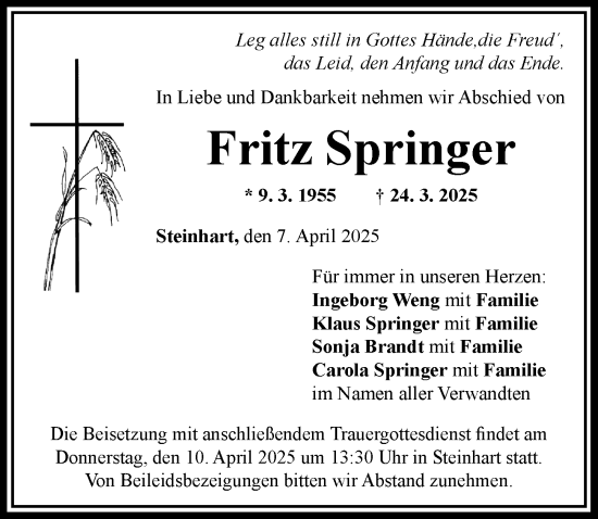 Traueranzeige von Fritz Springer von Rieser Nachrichten