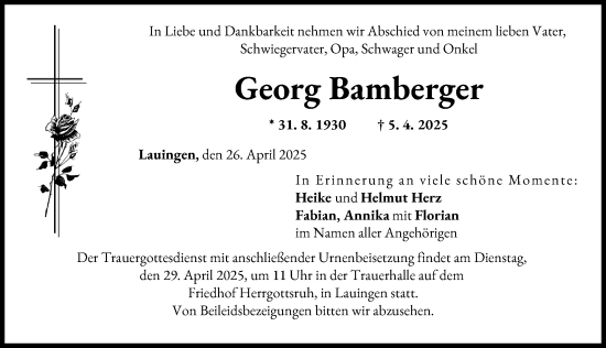 Traueranzeige von Georg Bamberger von Donau Zeitung