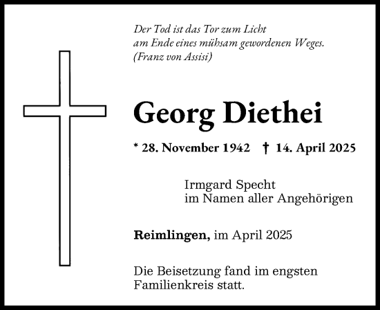 Traueranzeige von Georg Diethei von Rieser Nachrichten