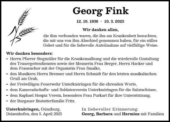 Traueranzeige von Georg Fink von Günzburger Zeitung