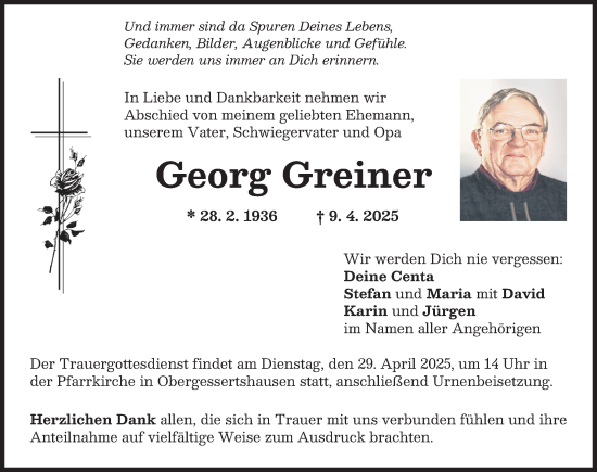 Traueranzeige von Georg Greiner von Mittelschwäbische Nachrichten