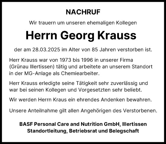 Traueranzeige von Georg Krauss von Illertisser Zeitung