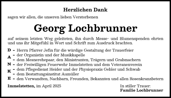 Traueranzeige von Georg Lochbrunner von Mindelheimer Zeitung