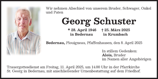 Traueranzeige von Georg Schuster von Mindelheimer Zeitung