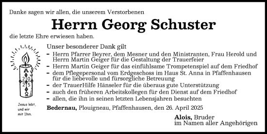 Traueranzeige von Georg Schuster von Mindelheimer Zeitung
