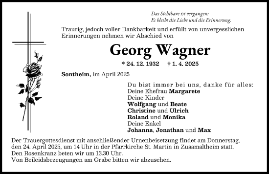 Traueranzeige von Georg Wagner von Wertinger Zeitung