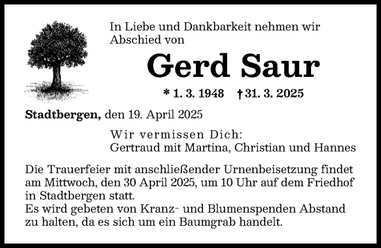 Traueranzeige von Gerd Saur von Augsburger Allgemeine