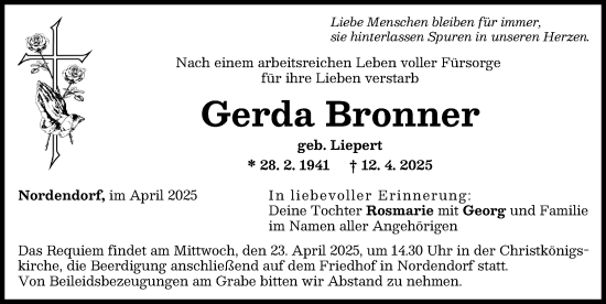 Traueranzeige von Gerda Bronner von Augsburg-Land