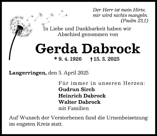 Traueranzeige von Gerda Dabrock von Schwabmünchner Allgemeine