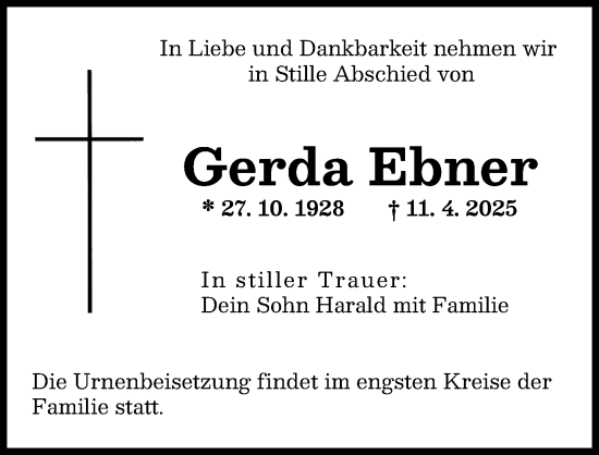 Traueranzeige von Gerda Ebner von Augsburger Allgemeine