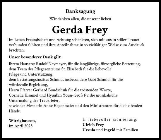 Traueranzeige von Gerda Frey von Neu-Ulmer Zeitung