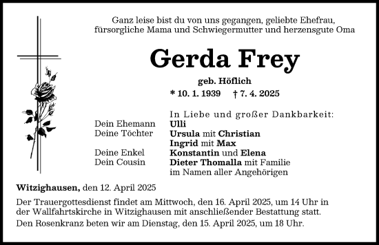 Traueranzeige von Gerda Frey von Neu-Ulmer Zeitung