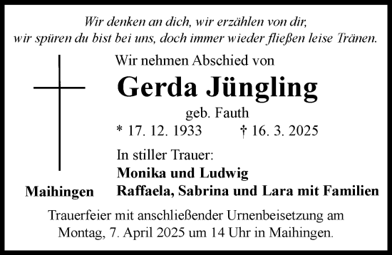 Traueranzeige von Gerda Jüngling von Rieser Nachrichten