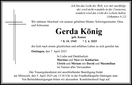 Traueranzeige von Gerda König von Rieser Nachrichten