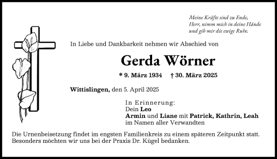 Traueranzeige von Gerda Wörner von Donau Zeitung
