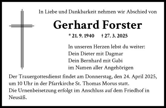 Traueranzeige von Gerhard Forster von Augsburg-Land