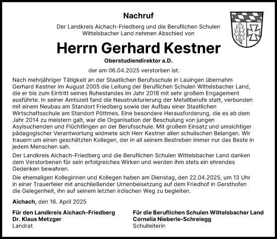 Traueranzeige von Gerhard Kestner von Aichacher Nachrichten
