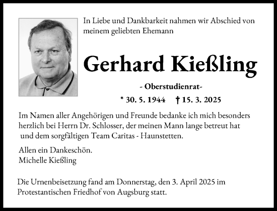 Traueranzeige von Gerhard Kießling von Augsburger Allgemeine