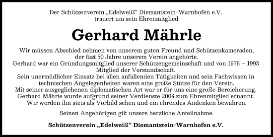 Traueranzeige von Gerhard Mährle von Donau Zeitung