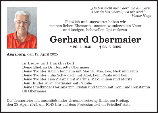 Traueranzeige von Gerhard Obermaier von Augsburger Allgemeine