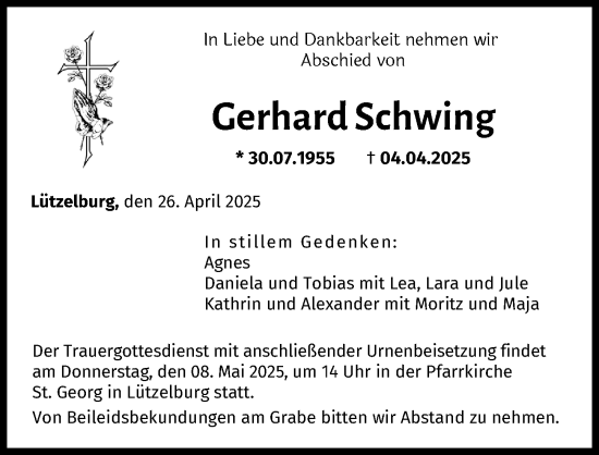 Traueranzeige von Gerhard Schwing von Wertinger Zeitung, Augsburg-Land