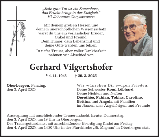 Traueranzeige von Gerhard Vilgertshofer von Landsberger Tagblatt